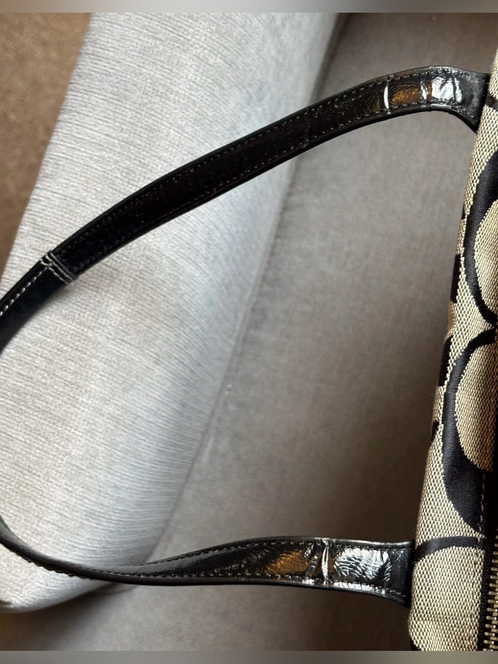 Coach F25771 Signature Stripe Tote Black/Khaki Patent Leather Trim Shoulder Bag - Picture 12 of 16